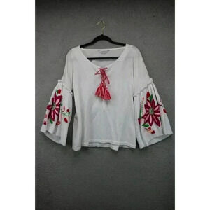 SensiStudio Embroidered Bell Sleeves Cotton Top-Size Small-Dolan Sleeves